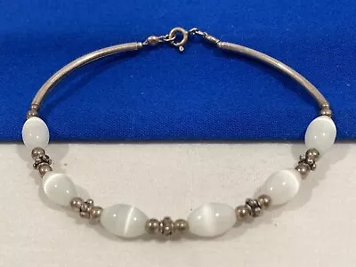 Vintage 925 Sterling Liquid Silver White Cat Eye Stone Beaded Bracelet 7.25  • $34.95