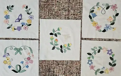 5 Vintage 15  Quilt Blocks Squares Hand Stitched Embroidered And Appliqued • $98