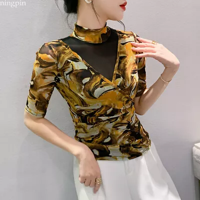 Western Women Mesh Floral Mock Neck Slim Party Casual Pullover Tops Blouse Shirt • $6.36