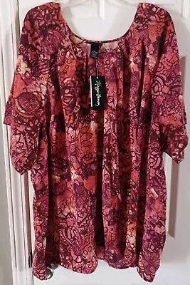 Maggie Barnes Blouse Short Sleeve Floral Mosaic Pink Red Plus Size 5X 34/36W • $30