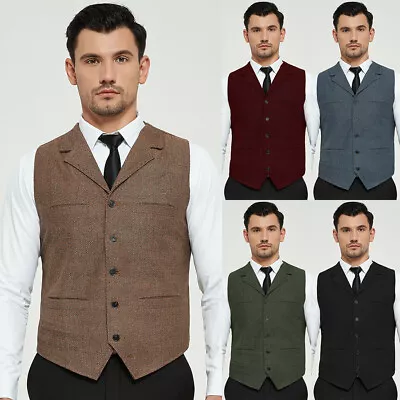 Mens Vintage Herringbone Tweed Lapel Wool Waistcoat V-Neck Vest Waistcoat Vest • £18.55