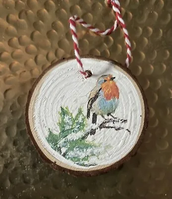 Christmas Decorations Robin Wooden Slice Gift Tag Decoupaged Handmade Gift #6 • £1.50