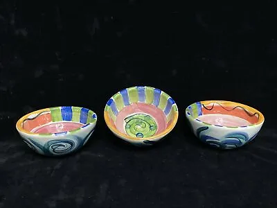 Vicki Carroll Pottery Signed Lot Of 3 Soup Bowls  Bright Colors Swirls  VCh • $49.99