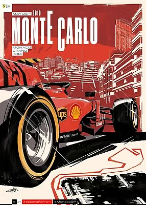 Ferrari F1 Monte Carlo Monaco Grand Prix 2019 Vintage Racing 22x17in Art Poster. • $64.95