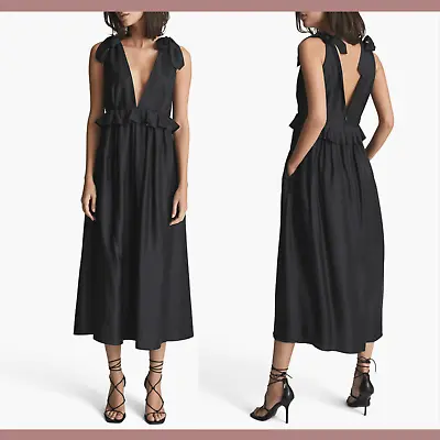 NEW $520 Reiss [ 12 US ] Laura Plunge Neck Taffeta Midi Dress In Black #G1363 • $165.99