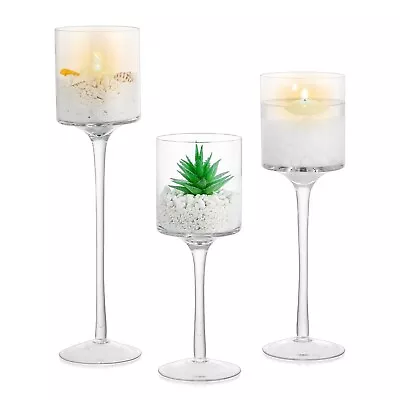 Luxury 3 Set Tall Glass Large Candle Holders Centrepiece Tea Light Wedding Decor • £12.99