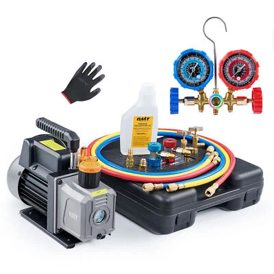 $99.57 • Buy OMT Combo 1/3HP 4CFM Air Vacuum Pump MANIFOLD GAUGE Set HVAC AC Refrigerant Kit