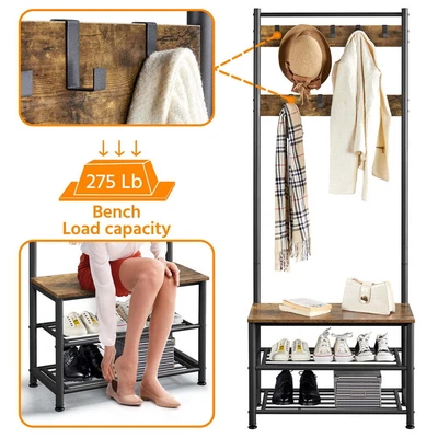 $63.80 • Buy 73  Metal Hall Tree W/ Shoe Storage Bench Entryway Coat Rack 9 Metal Hook Brown