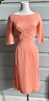 Demure Very Mad Men 1950s Coral Pink Silk Wiggle Occasion Frock Petite / Sm • $40