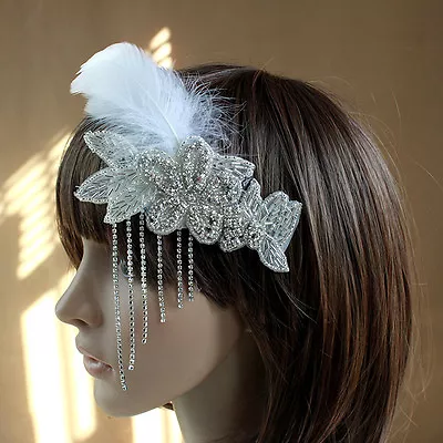 1920's FLAPPER WHITE FEATHER  Diamante  LEAF  CLIP FASCINATOR HEADDRESS WEDDING • £7.99