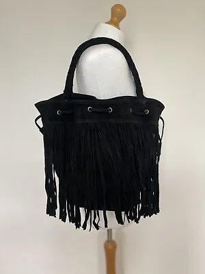 £40 • Buy Black Real Suede Fringed Shoulder Bag H36xW48xD17cm Handles 48cm