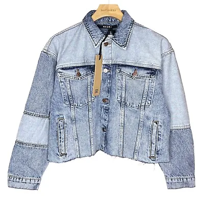 Ksubi Destiny Pieced Patchwork Lifetime Blue Cropped Denim Jacket Women's Small • $220.46