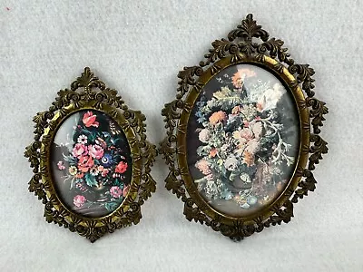 Lot Of 2 Vintage Small Ornate Metal Oval Picture Frames Italy Floral Prints • $9.99