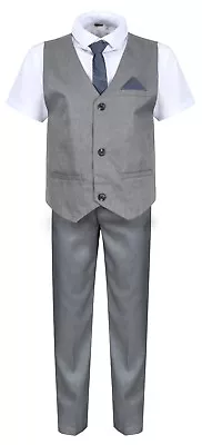 Boys Suits Grey 5 Piece Boys Wedding Suit Page Boy Party Prom 9 Mths To 14 Years • £9.95