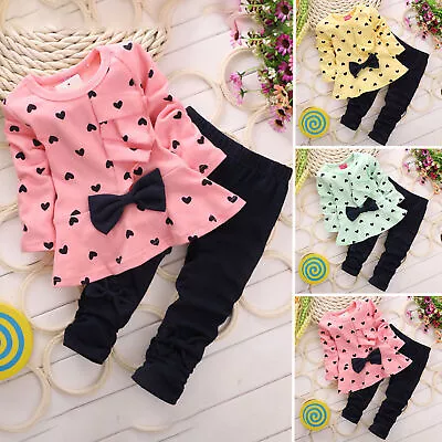 Toddler Kid Girls Long Sleeve Casual Outfits Bow Top Pants Clothes Set Age 1-4 Y • £12.02