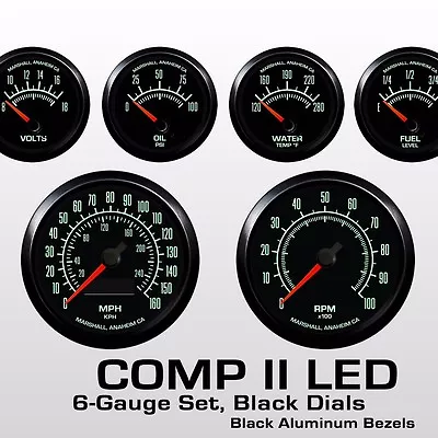 C2 60s Muscle 6 Gauge Set Black Bezels 5 Range Fuel Level Gauge 2964BLK • $450.20