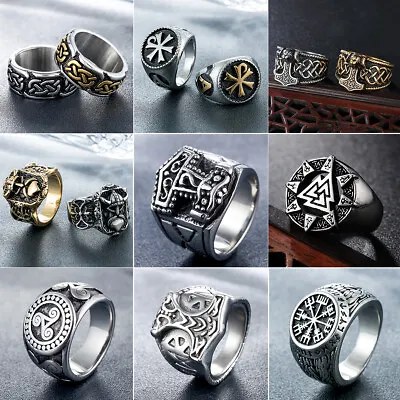 Viking Stainless Steel Biker Futhark Men Odin Ring Nordic Runes Triangle Jewelry • $4.69