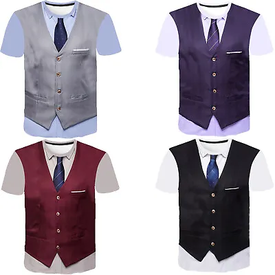 £7.19 • Buy Mens Short Sleeve Tops 3D Print Formal Tuxedo Shirt Fake Bow Tie Vest T-Shirt