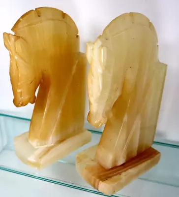 Vintage Carved Trojan Horse Head Bookends Marble Stone Book Ends 7 1/2” Set Of 2 • $18.50