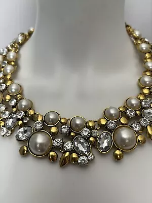 Huge Gold Tone Statement Necklace Very Pretty Faux Pearl Glass Diamanté #18 • £2.99