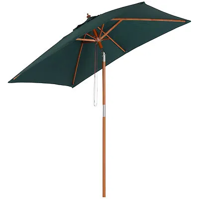 Outsunny Wooden Patio Umbrella Market Parasol Outdoor Sunshade 6 Ribs Green • £45.99