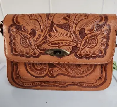 Vintage Hand Tooled Floral Flores Leather Bag Purse Handbag Mexico Multi Pocket • $20.88