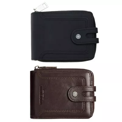 Leather Wallet For Men Large Capacity ID Window Card Case With Zip Coin Pocket • £18.30