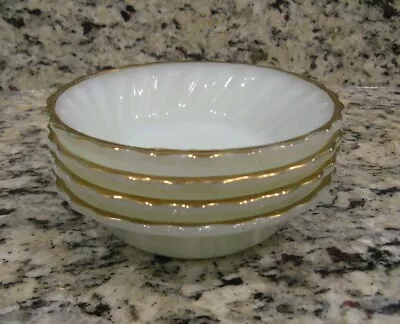 4 Fire King 4 7/8  Shell Swirl Milk GLASS Dessert BOWLS Gold Trim Anchor Hocking • $19.99