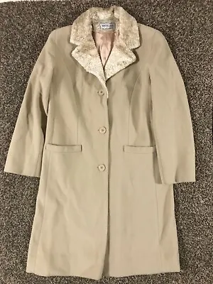 Madeline By Alorna Women's 12 Long Beige Wool Overcoat Fur Made In USA • $8.50