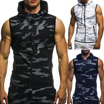 Men Workout Hoodie Sleeveless Camo Vest Muscle TankTop Gym Fitness Bodybuilding✿ • $18.13