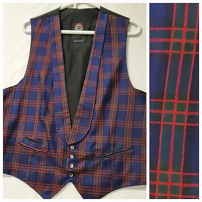 VTG TOM GILBEY Pure Silk Waistcoat Size 44 Button-Up Navy Red Green Plaid RARE • $87
