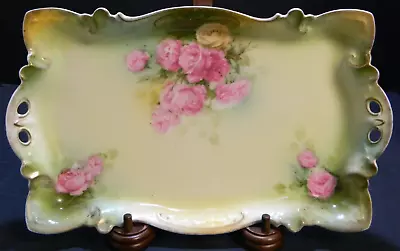 Antique RS Prussia Hand Painted Handled Pink & White Roses Vanity Tray 11.75  EX • $79.99