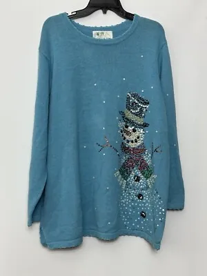 Quacker Factory Womens Christmas Sweater Sequin Snowman Pullover Blue • $26.99