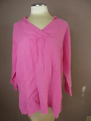 Patricia J Women's M 100% Linen Pink Hoodie Top 3/4 Sleeve Boxy Made In USA • $24.95