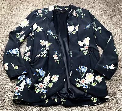 Zara Womens Blazer Size S Blue Floral Open Front Long Sleeve Shoulder Pads • $17.49