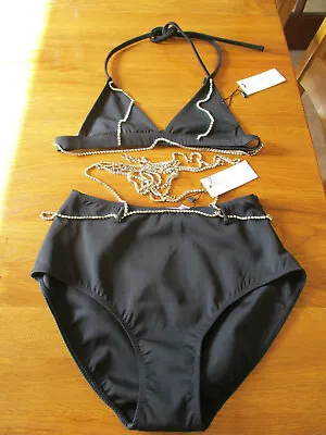 Triple Goddess Black Bikini With Diamonte Chain Trim - Size M - New With Tags • £9.50