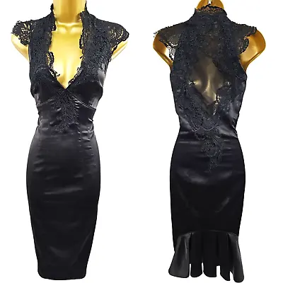 14 UK KAREN MILLEN Black Vintage Satin Lace Neck Tuxedo Cocktail Pencil Dress • £84.99