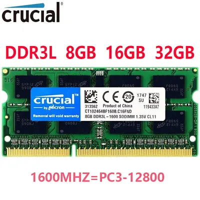 Crucial DDR3L 8GB 16GB 32GB 1600MHZ PC3L-12800 Laptop SODIMM 204-Pin Memory RAM  • £24.60