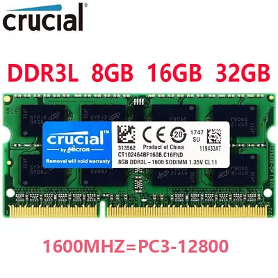 Crucial DDR3L 8GB 16GB 32GB 1600MHZ PC3L-12800 Laptop SODIMM 204-Pin Memory RAM  • £15.54