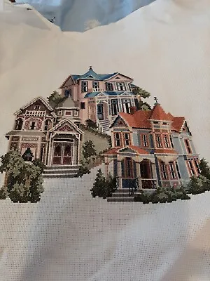 Finished Cross Stitch -  Victorian Houses On A Hill • £30