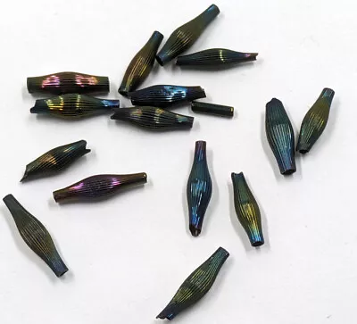 Antique Hollow Glass Beads Metallic Green Iris About 15mm 15 Pc Rare Old • $5