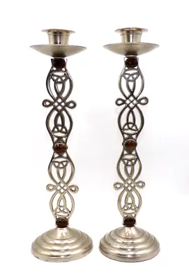 Pair Art Nouveau Mackintosh Style Silver Metal Amber Cabochon Candlestick 12.5  • £30.40