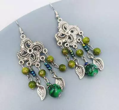 Vintage ~ Boho Swirling Flower Green Beaded Dangle Hook Earrings • $5.95