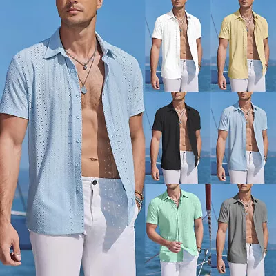 Mens Lace Hollow Out Casual Shirts Collar Button Down Summer Beach Tops T Shirt • £12.79