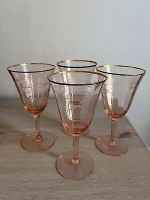 6.5” Tall Pink Depression Glass Etched Stemware Wine Glasses Gold Trim Set 4 • $18