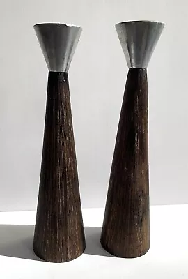Mid Century Modern Scandinavian Danish Teak Wood & Metal Aluminium Candlesticks • $79.99