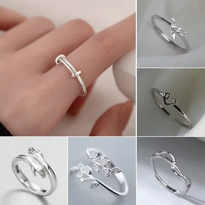 925 Silver Heart Hug Knuckle Open Ring Zircon Women Jewelry Gift Adjustable • £2.62