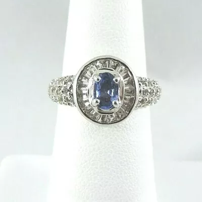 Sterling Silver Tanzanite & Cubic Zirconia Baguette Halo Ring Size 6  /  3.8gm • £68.11