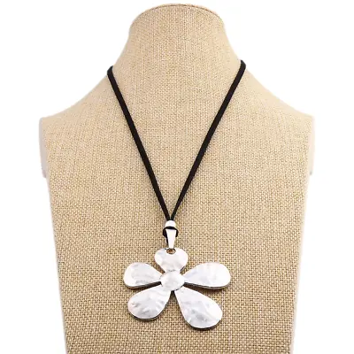 Tibetan Silver Large Hammered Flower Pendant Necklace On Long Black Suede Cord • £5.26