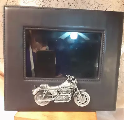 Motorcycle Inspired Photo Frame Faux Black Leather W Ornate Metal Motorcycle • $16.99